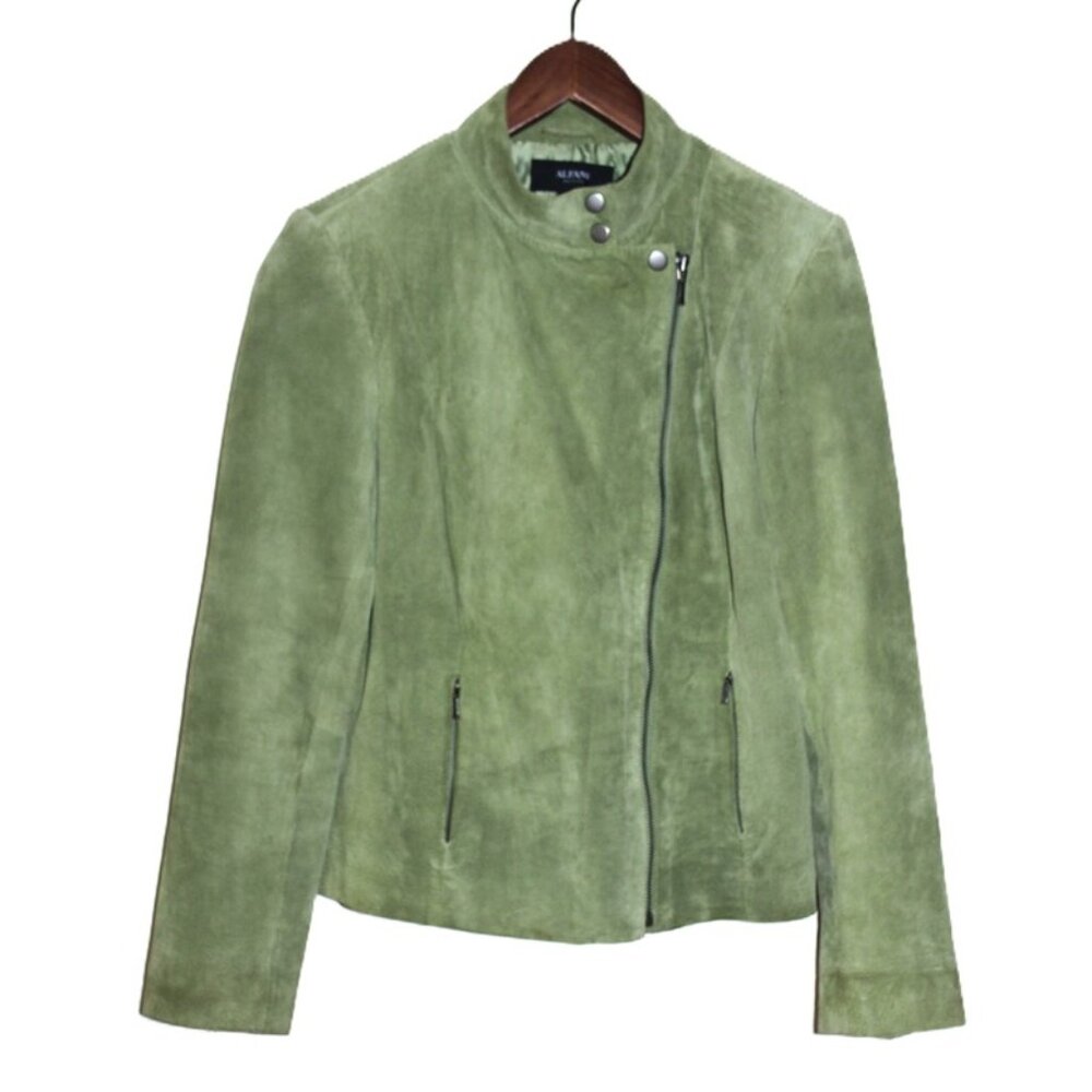 ALFANI 100% Genuine Suede Leather Jacket in Sage, Medium Petite